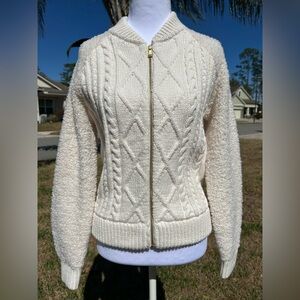 NWT🌷LOFT Cable Knit Teddy Sleeve Cream Zip Up Cardigan
